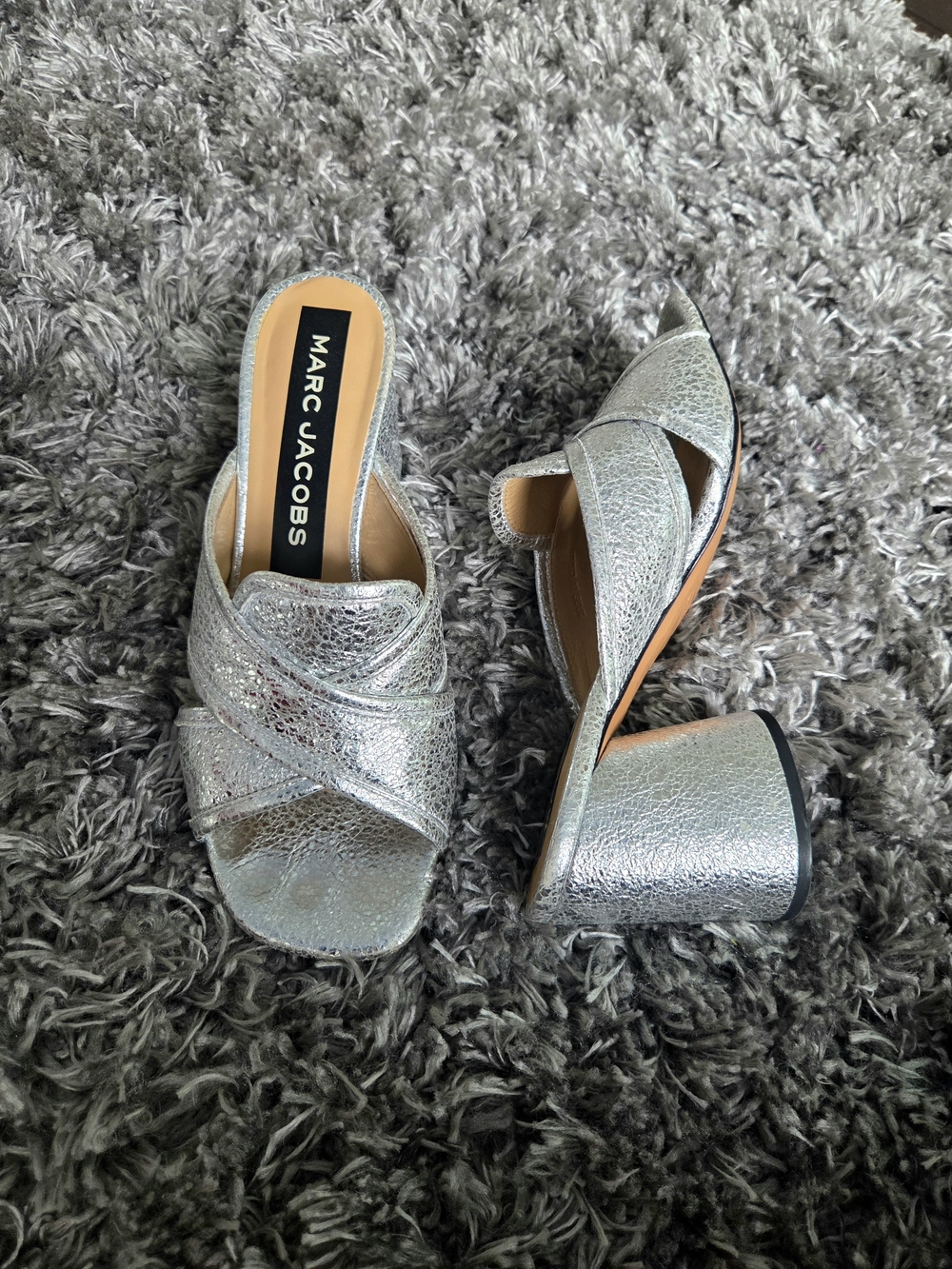 Marc Jacobs Metallic Silver Cracked Leather Crossover Block Heel Mules 38
